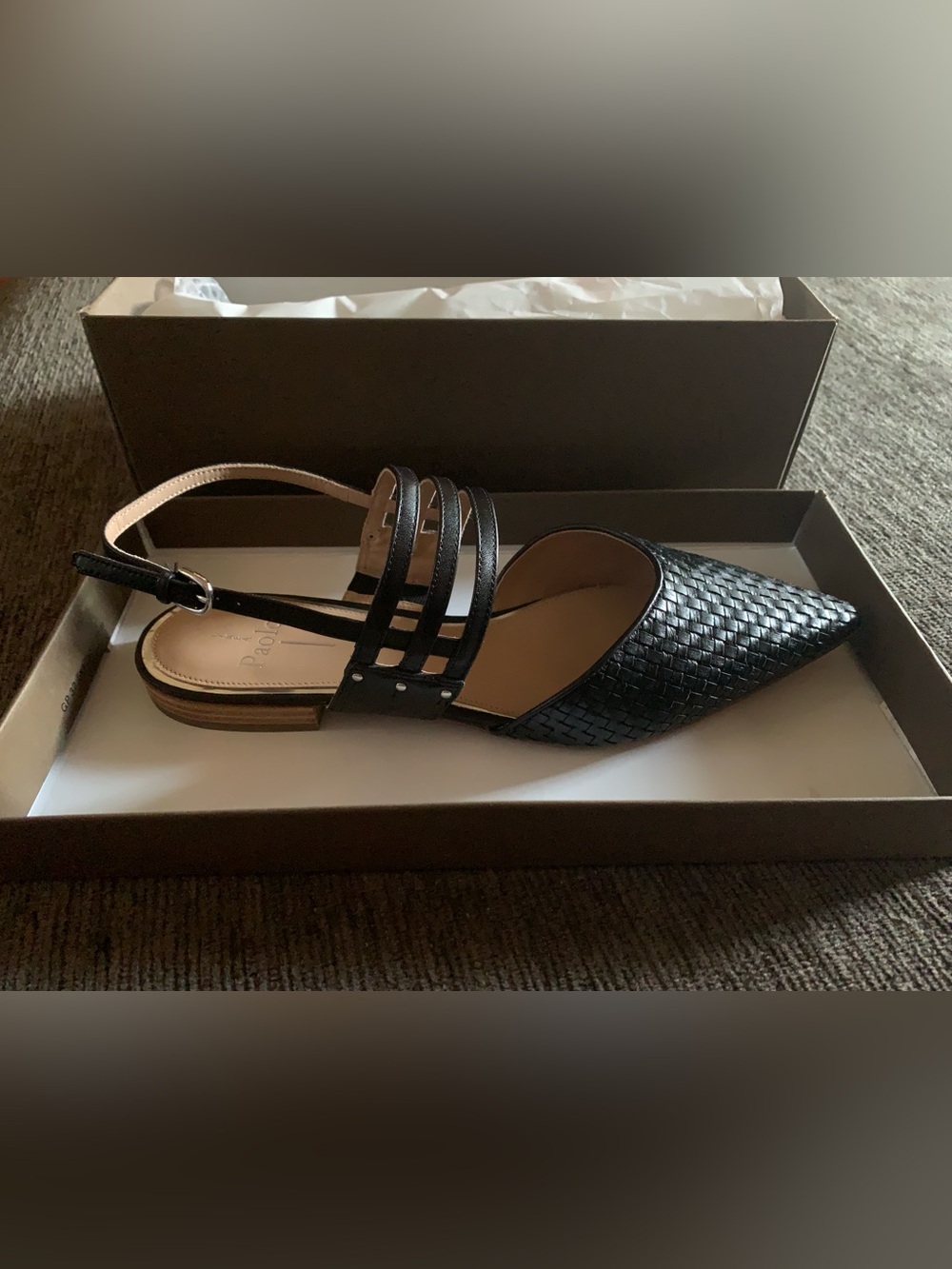 black Linea Paolo Dahlia woven strappy slingback flats featuring a pointed toe